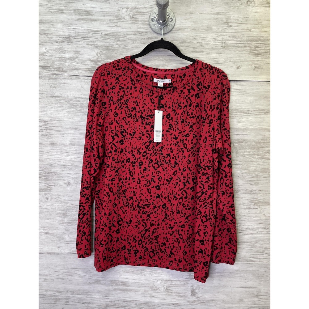 Chico's Womens 2 Red Animal Print Long Sleeve Touch of Cool Layer Tee 570400594 - Picture 1 of 7